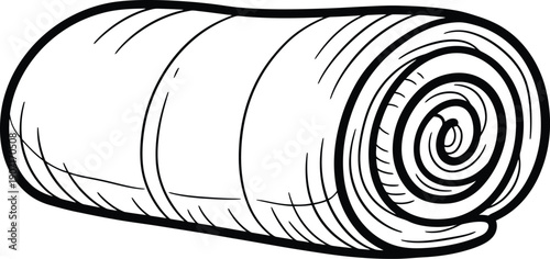 Rolled up sleeping bag, camping equipment, outdoor gear, rolled textile, line art illustration