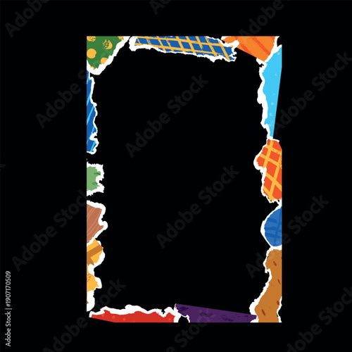 A rectangular vertical frame made of torn, brightly colored pieces of grunge paper.