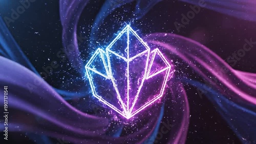 Vibrant purple and blue fluid shapes floating in dark space