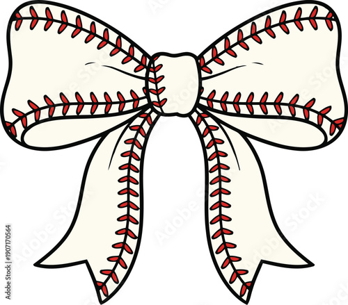 Baseball Bow Vector Illustration Made from Stitched Baseball Laces in Cute Sports Style