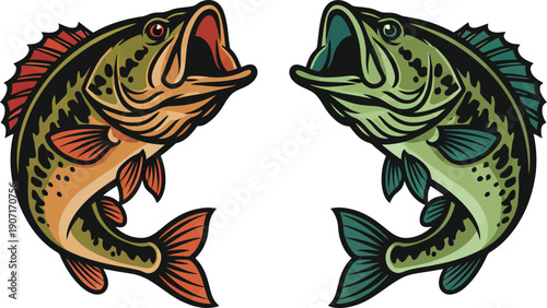 Bass Fish Illustration Set, Jumping Freshwater Fish Cartoon Vector for Fishing Design