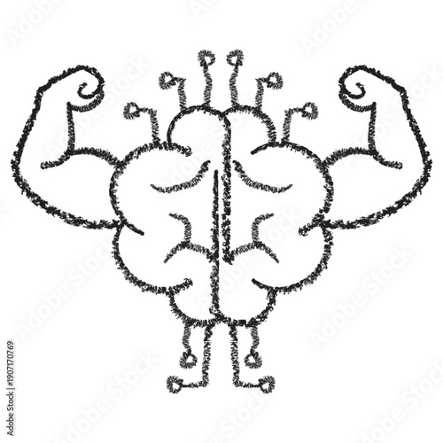 Vector icon of a powerful AI brain with muscular arms and circuit connections. Dark brown charcoal sketch on transparent background. Hand-drawn concept for superintelligence and computing power