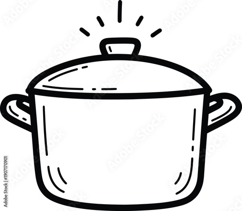 Hand drawn doodle of a cooking pot with lid, simple black and white line art illustration of kitchenware for cooking and boiling food