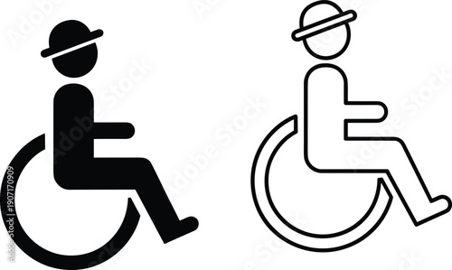Disabled person in wheelchair wearing hat silhouette and outline icon set, accessibility symbol for handicapped parking and inclusive public signage