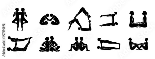 Partner Yoga & Acro Yoga Silhouettes Set – 12 Black and White Minimalist Couple Poses
