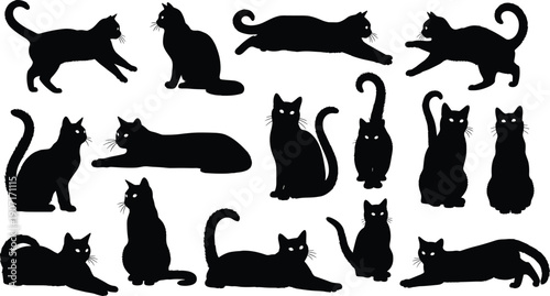 Large collection of black cat silhouettes, vector set featuring felines sitting, jumping, pouncing, stretching, and playing isolated on white background,