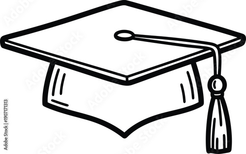 Black and white line art illustration of a graduation cap with a tassel, symbolizing academic achievement and commencement