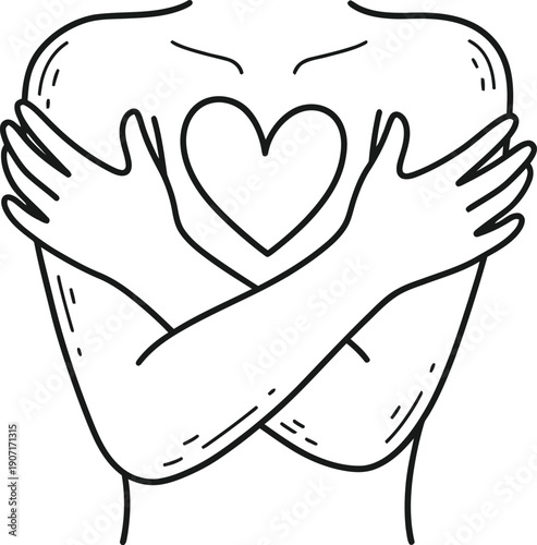 Self love hug line art drawing of arms embracing heart symbol for self care and acceptance