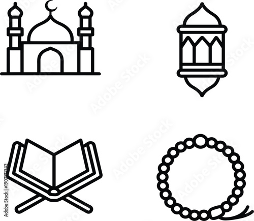 Islamic religious icon set featuring mosque, lantern, holy book, and prayer beads for Ramadan Kareem celebration design