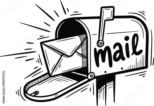 Hand drawn sketch of a mailbox with an incoming letter, black and white line art illustration