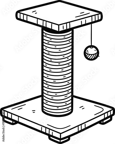 Hand drawn sketch of a cat scratching post with a hanging toy