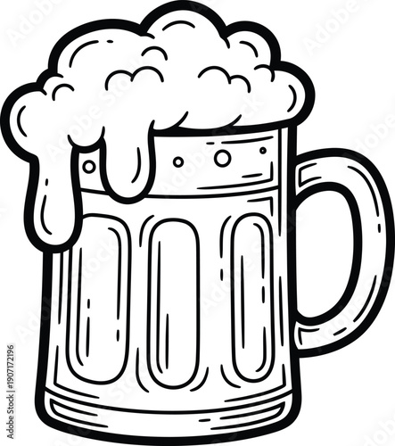 Doodle style illustration of a beer mug overflowing with foamy head, black and white outline drawing of a stein filled with beer