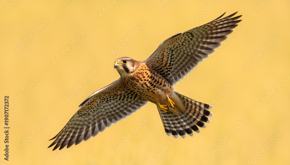 Fototapeta premium Common Kestrel flying with spread wings against yellow background. Wild falcon bird in flight