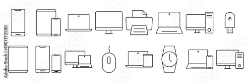 A collection of device icon sets. Icons for monitors, phones, tablets, laptops, and more. Vector illustrations.