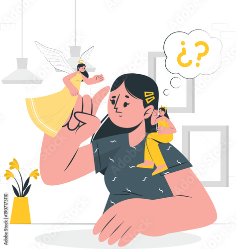 A young woman contemplating between good and evil angel influences on her shoulder in a serene indoor setting