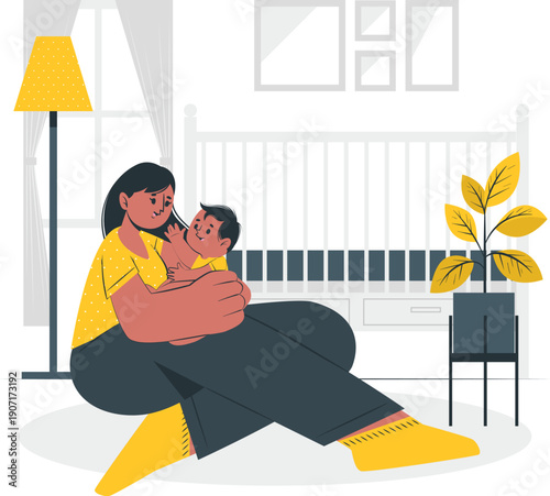 Mother holding baby on the floor in a serene home environment with furniture and plants