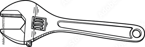 A black and white line drawing of an adjustable wrench