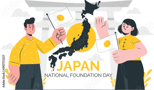 People celebrating Japan's National Foundation Day with flags and traditional attire in a festive atmosphere from a straightforward viewpoint