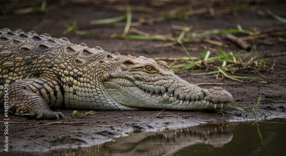 Fototapeta premium Close-up of a crocodile resting by the waters edge, showcasing its textured skin and powerful jaws.