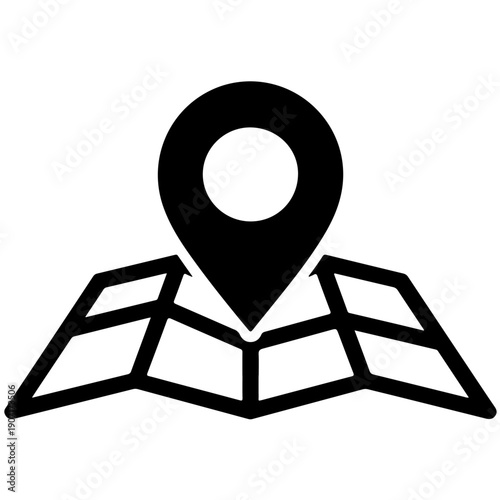 Black and white icon of a map pin on an unfolded map