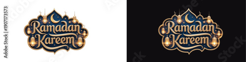 Elegant gold calligraphy reading ramadan kareem set against a dark blue patterned background adorned with glowing lanterns crescent moon and tiny stars