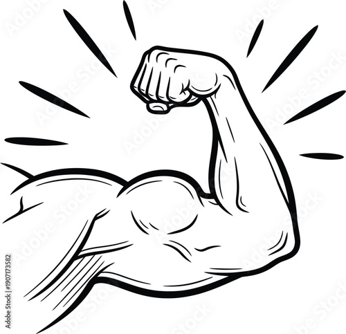 A muscular arm flexing its bicep with a burst of energy lines around it