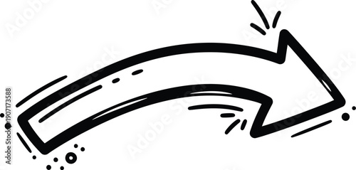 A black and white illustration of a curved arrow pointing to the right with motion lines and dots