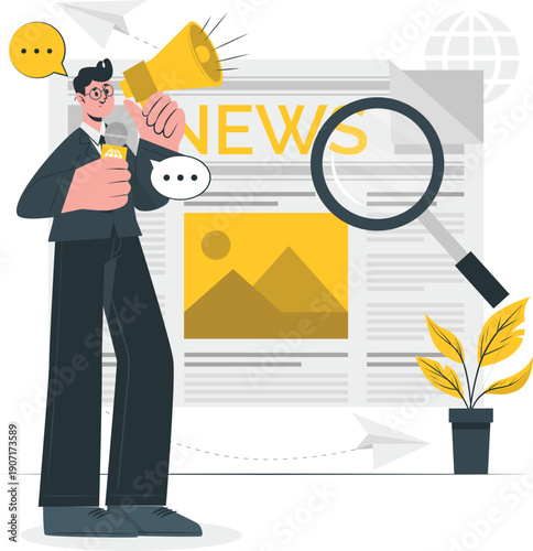 Man holding megaphone and magnifying glass, examining news article with image on digital device screen