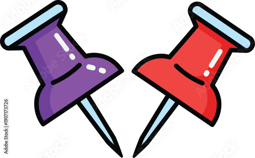 Colorful cartoon illustration of two push pins in purple and red