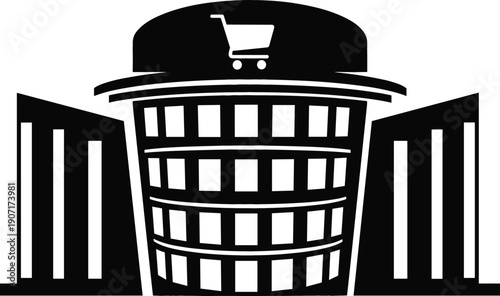 Modern shopping mall building icon with grocery cart symbol on top for retail commerce department store and urban marketplace black silhouette vector