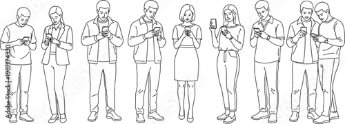 Vector line art of diverse people standing and using smartphones, men and women texting, scrolling, and communicating isolated on white