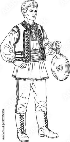 Detailed black and white vintage style vector illustration of a man in traditional European folk costume holding a large flask.