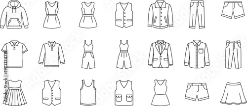 Comprehensive Collection of Fashion and Clothing Line Icons Featuring Hoodie Dress Suit Jacket Shirt Trousers and Skirt for Retail Design