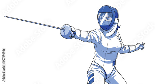 A female fencer in blue and white uniform, helmet, holds a foil in an attack pose on a white background.