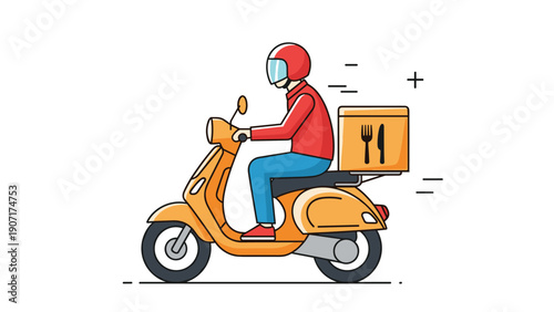 Delivery person wearing a red helmet and jacket rides an orange motor scooter with a food box attached to the back rack.