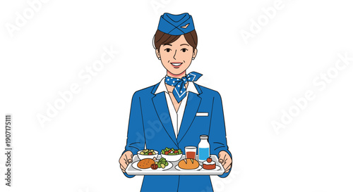 A smiling female flight attendant in blue uniform holds a meal tray and drinks on a white background.