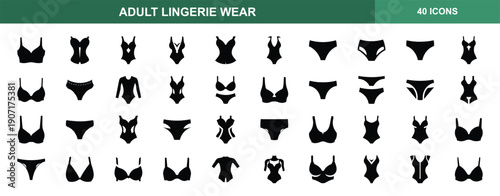Lingerie underwear fashion apparel silhouette icons set. Lingerie, underwear, fashion, apparel, bodysuit, bra, panty, collection. Vector illustration.