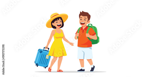A smiling woman pulling a blue wheeled suitcase and a happy man with a green backpack are walking forward together.