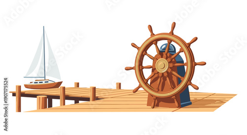 A large wooden ship's steering wheel stands on a pier, with a white-sailed boat visible in the distance.