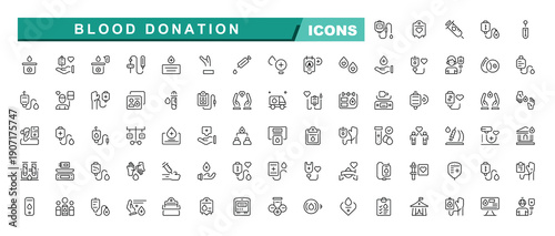 Blood icon set. Charity, Hematology, Blood Cell, Group, RH Factor, Blood Test, and blood donation line icons vector collection.