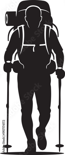Black silhouette of a hiker with a large backpack and trekking poles black and white