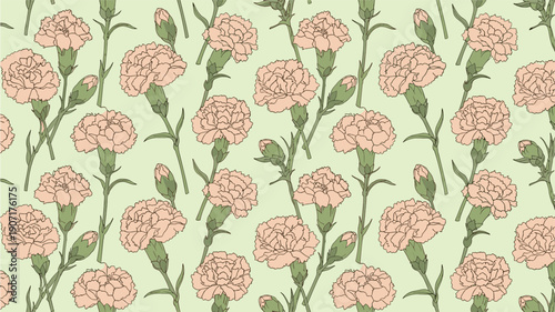 Seamless pattern of hand drawn peach carnation flowers and buds with green stems is set against a light green background.