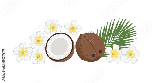An inviting tropical composition displays a whole coconut, a halved coconut, delicate plumeria flowers, and a vibrant palm leaf on a clean white background.