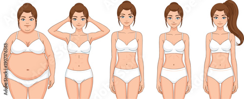 Flat vector illustration set featuring five women with diverse body types and physical builds for fitness and wellness
