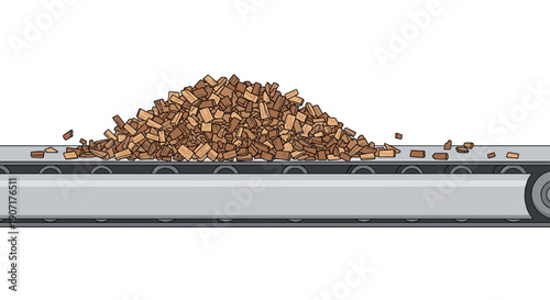 A continuous conveyor belt transports a substantial pile of small, light brown wood chips across a horizontal span within an industrial processing environment.