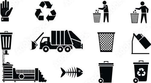 Utility vector set featuring 12 black silhouettes for waste management, recycling symbols, garbage disposal, and sanitation equipment