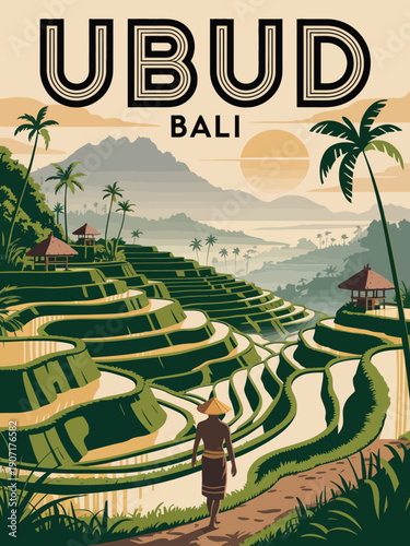 Ubud Bali poster, vintage rice terraces with tropical palm trees and sunset design