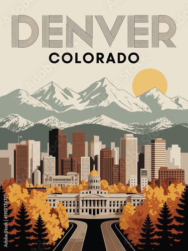 Colorado travel poster, retro Denver Art Deco city landscape with mountains and sun art