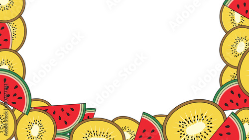 Refreshing summer fruit border features colorful slices of ripe watermelon and yellow kiwi fruits on a white background.