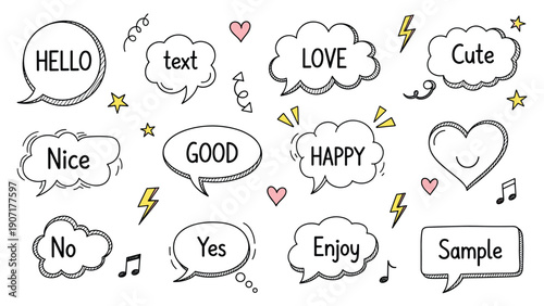 Set of hand drawn speech bubbles with positive words like hello love and happy with cute and decorative doodle elements.